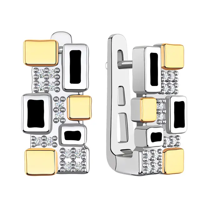 Серебряные серьги с фианитами, эмалью и золочением