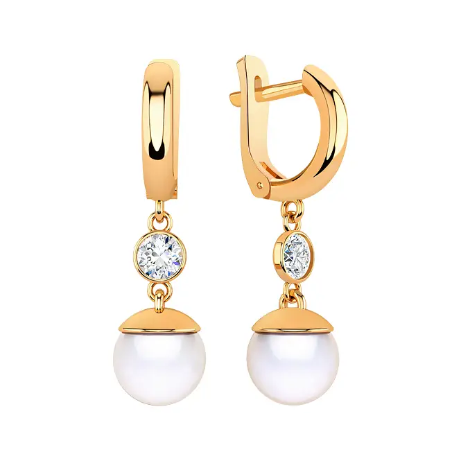 Золотые серьги с жемчугом и фианитами